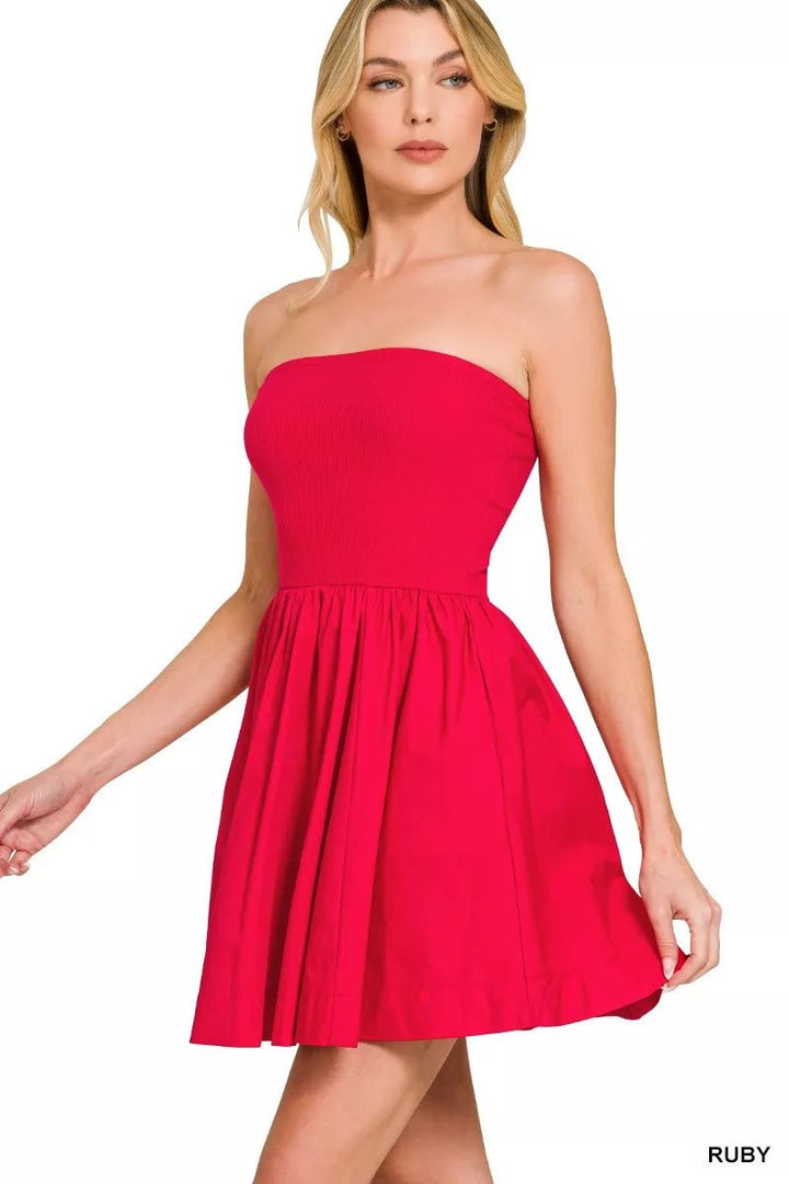 Zenana Combined Knit Tube Top Flare Mini Dress in Ruby - Nikki &amp; Co. Boutique