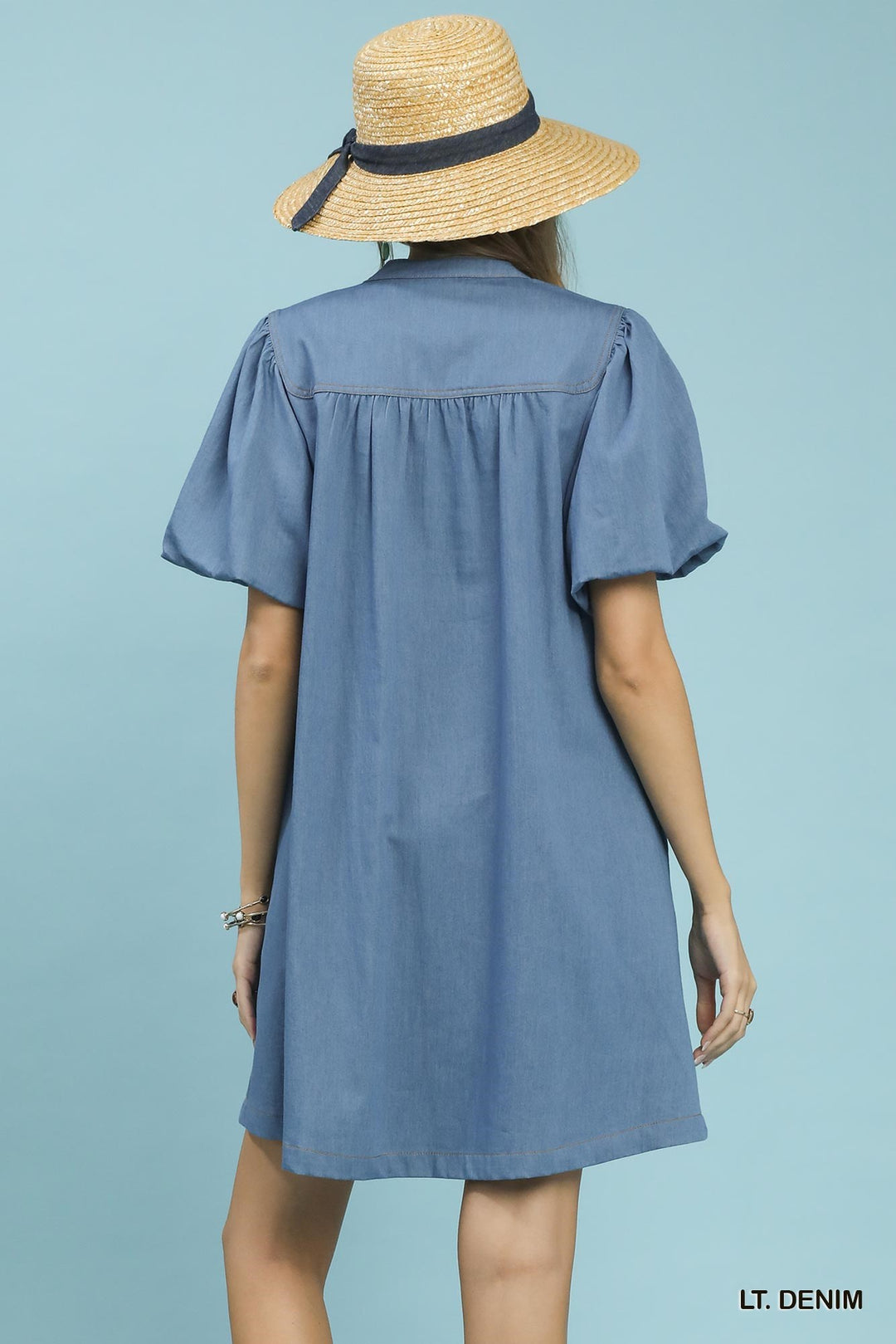 Umgee Chambray Puff Sleeve Dress in Light Denim - Nikki &amp; Co. Boutique