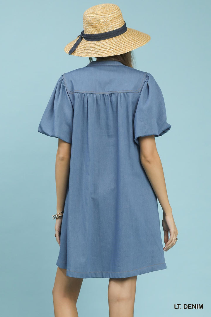 Umgee Chambray Puff Sleeve Dress in Light Denim - Nikki &amp; Co. Boutique