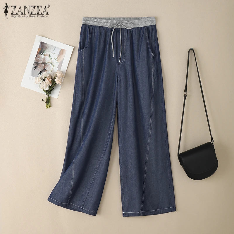 ZANZEA Women Denim Wide Leg Pants 2026 Casual Pockets Elastic Waist Long Pants Fashion Pleated Lace-up Trousers Loose Bottoms
