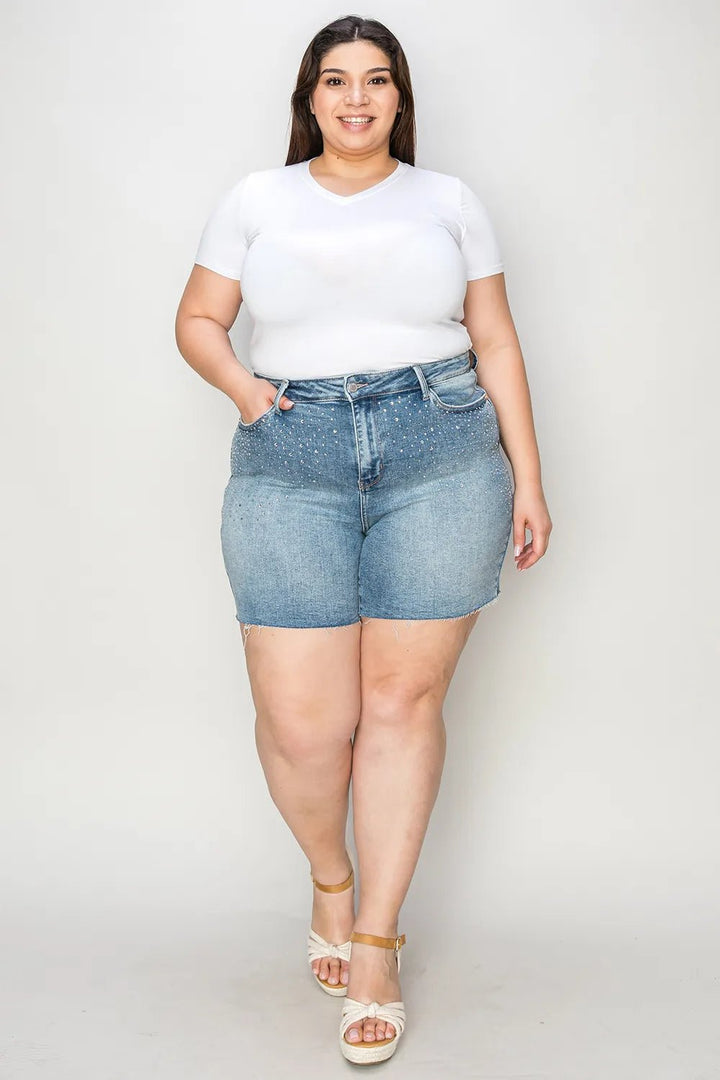 Judy Blue Full Size High Waist Rhinestone Decor Denim Shorts in Light Wash - Nikki &amp; Co. Boutique