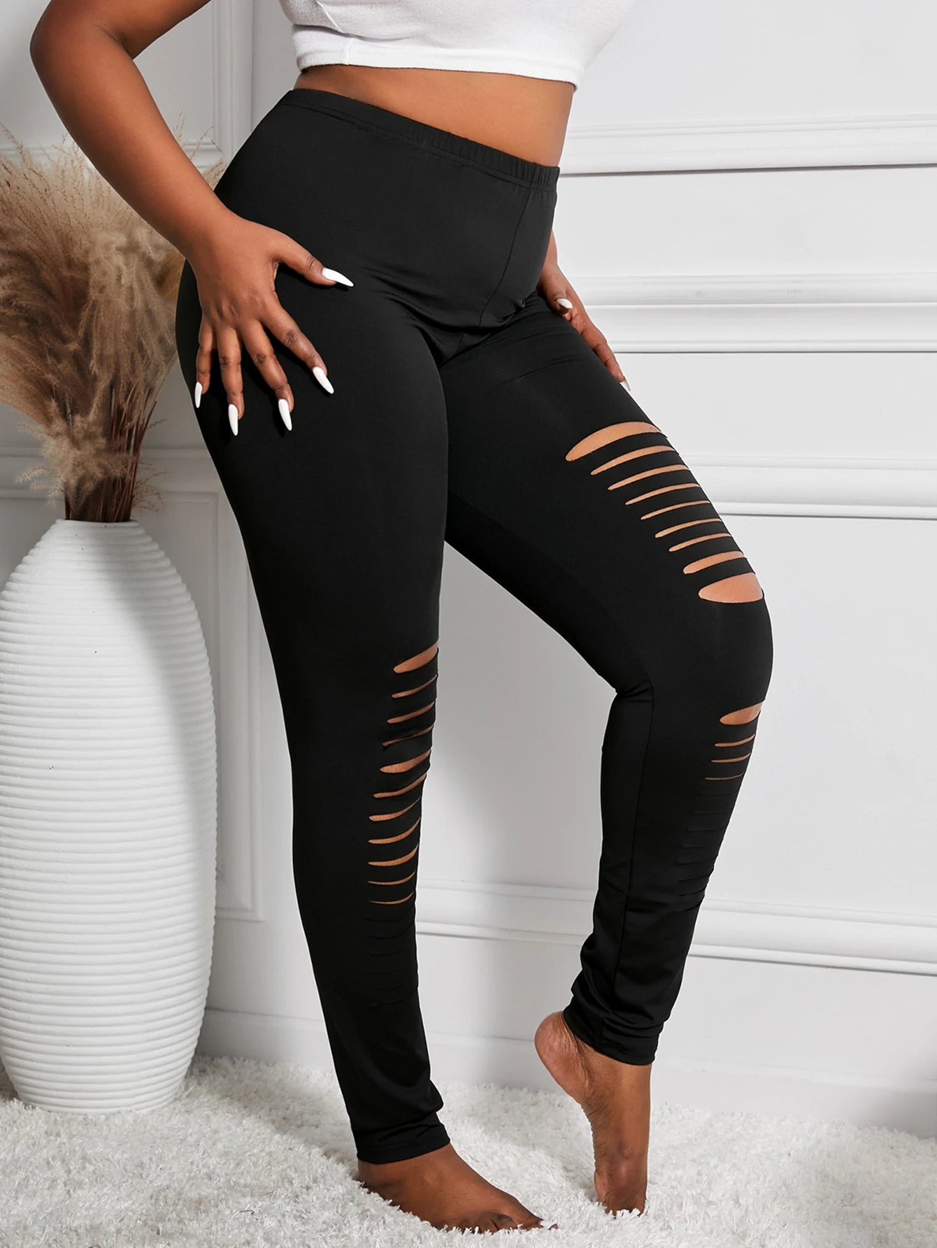 New Fashion Black Irregular Ripped Leggings Black High Stretch Tights Personality Solid Color Nine-point Pants Plus Size Women