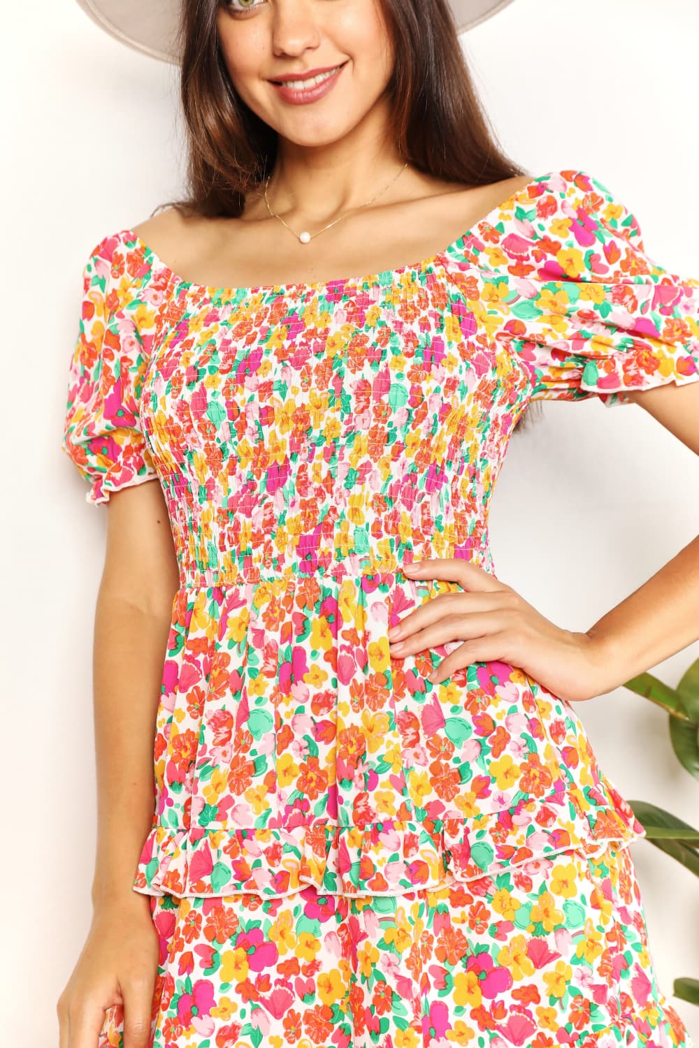 Devine Smocked Sweetheart Neck Flounce Sleeve Mini Dress in Strawberry - Nikki &amp; Co. Boutique