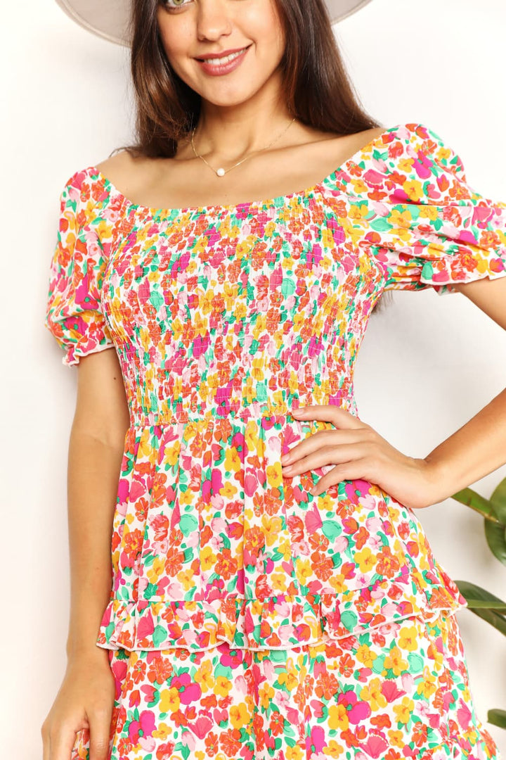 Devine Smocked Sweetheart Neck Flounce Sleeve Mini Dress in Strawberry - Nikki &amp; Co. Boutique