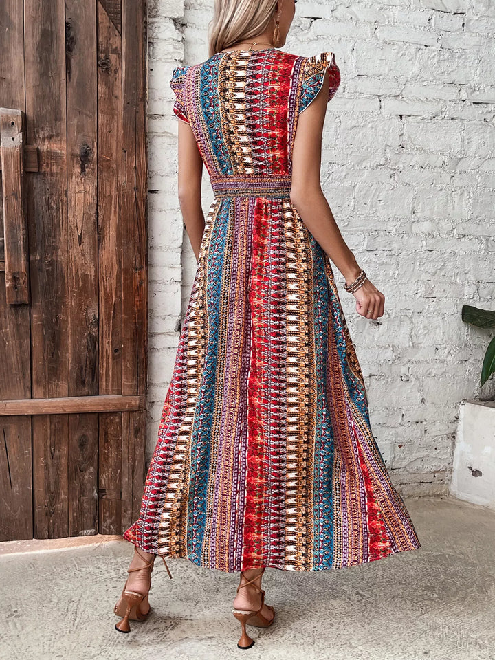 Boho Print Ruffle Sleeve Slit Dress - Nikki &amp; Co. Boutique
