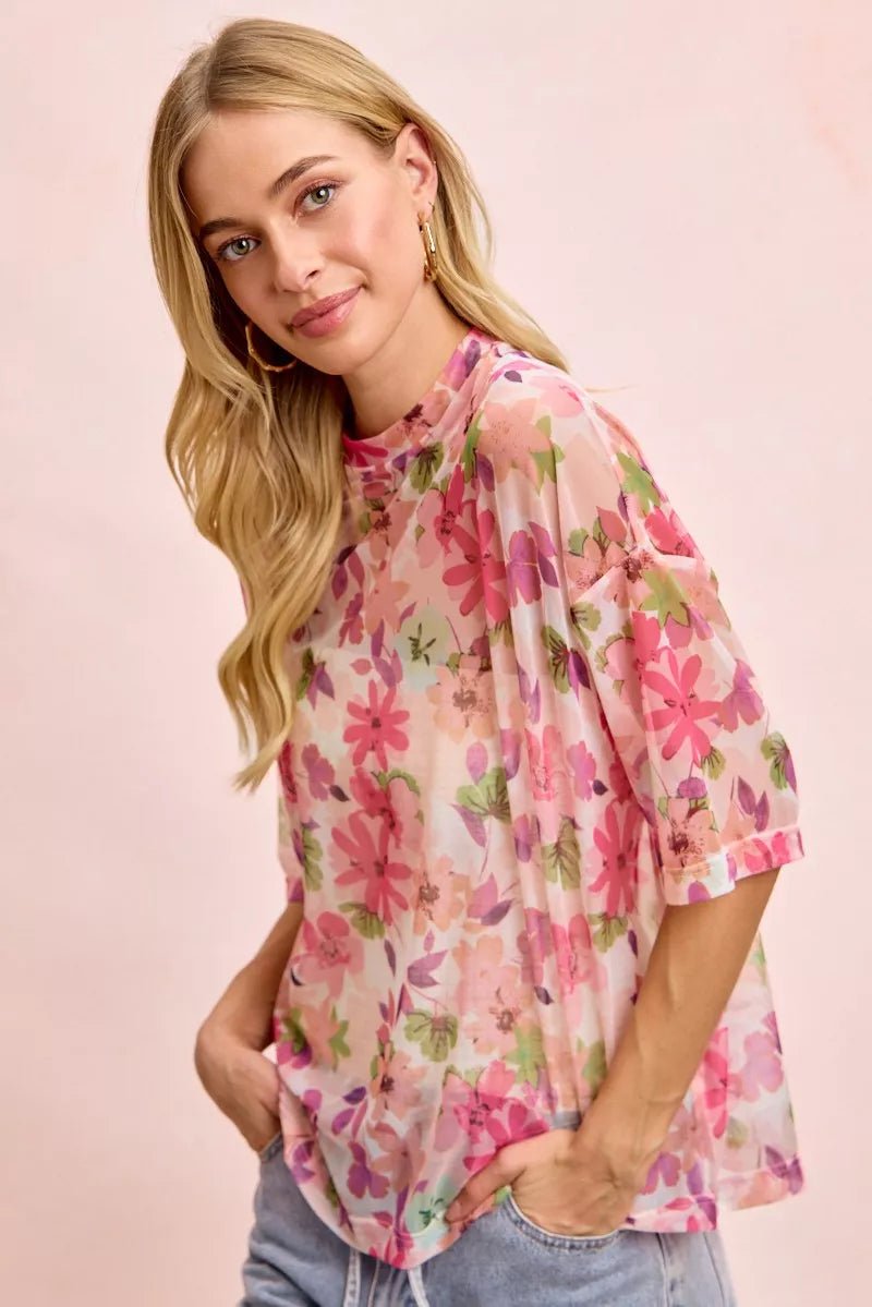 BiBi Floral Print Shorts Sleeves Boxy Mesh Tops | Nikki &amp; Co. Boutique