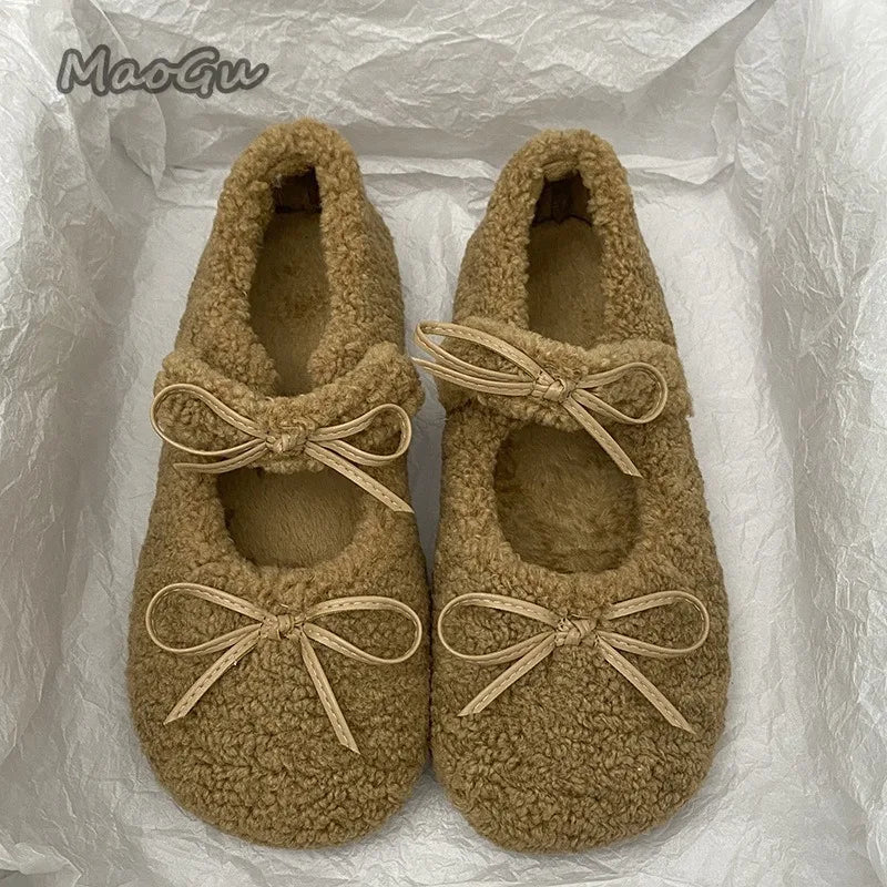 Autumn Winter Short Plush Low Heel Pumps Women's Fur Cozy Round Toe Loafers Sweet Comfortable Outwear Ballet Flats Size 35 40