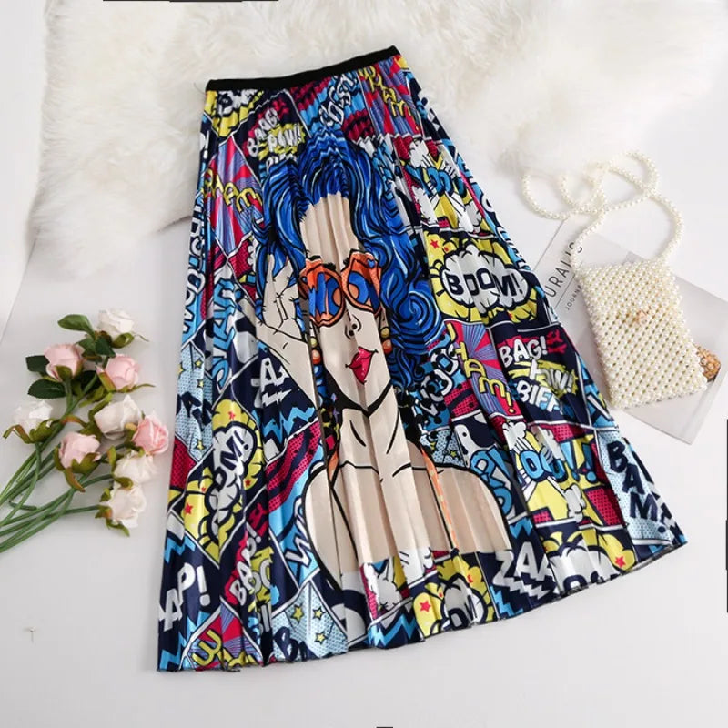 Cartoon Print Pleated Women Long Skirts High Waist A-Line Elastic Blue Pink Skirt For Ladies Summer Casual Female Bottoms Skirts