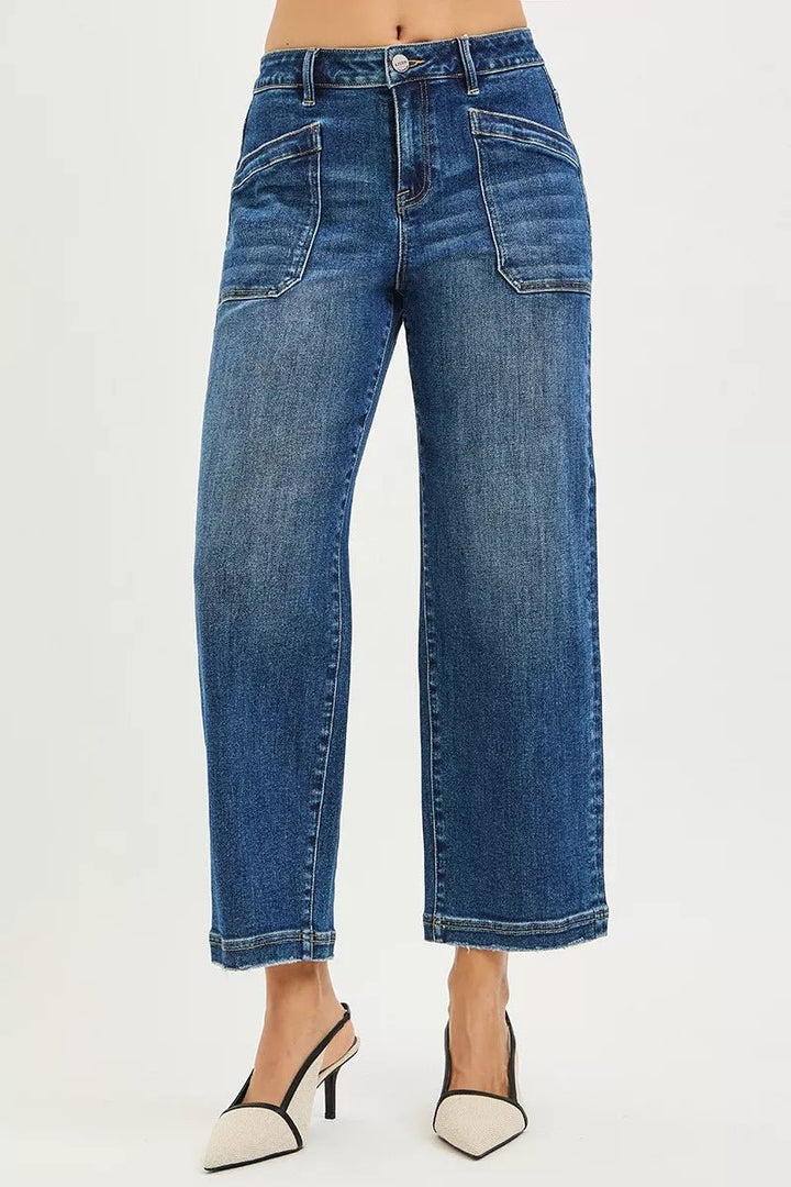RISEN Slouchy Cropped Baggy Jeans with Front Patch Pocket in Dark Wash - Nikki &amp; Co. Boutique
