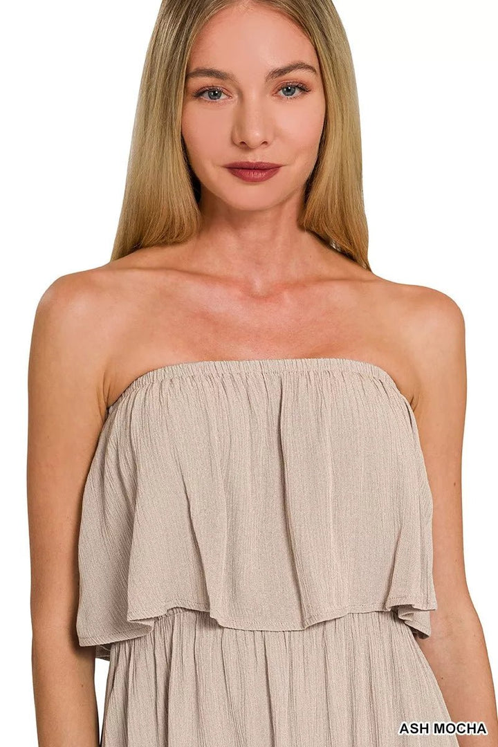 Zenana Woven Crinkle Strapless Maxi Dress in Ash Mocha - Nikki &amp; Co. Boutique