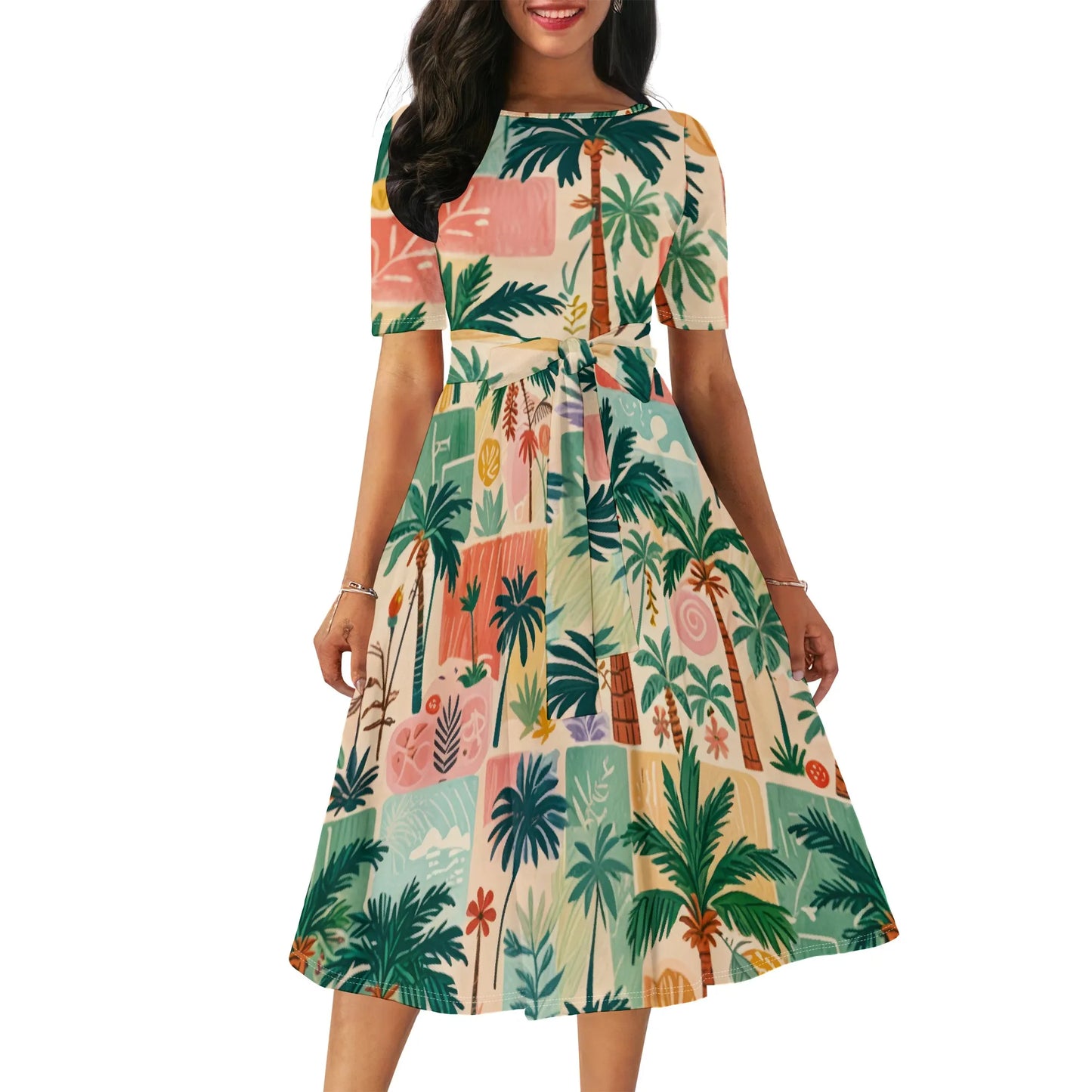 Women's Boatneck Vintage Cocktail Party Dress with Puff Sleeves