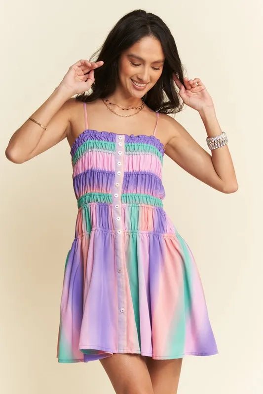 Davi &amp; Dani Multi Color Ombre Printed Bodice Button Up Dress in Purple Multi - Nikki &amp; Co. Boutique