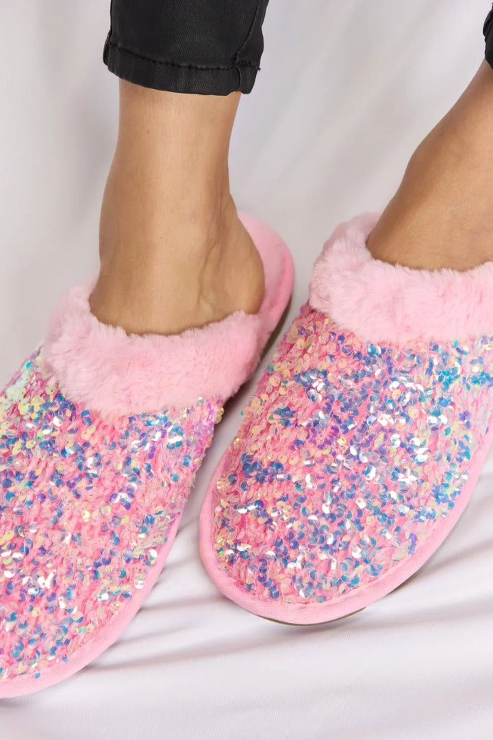 Forever Link Sequin Plush Round Toe Slippers in Pink - Nikki &amp; Co. Boutique