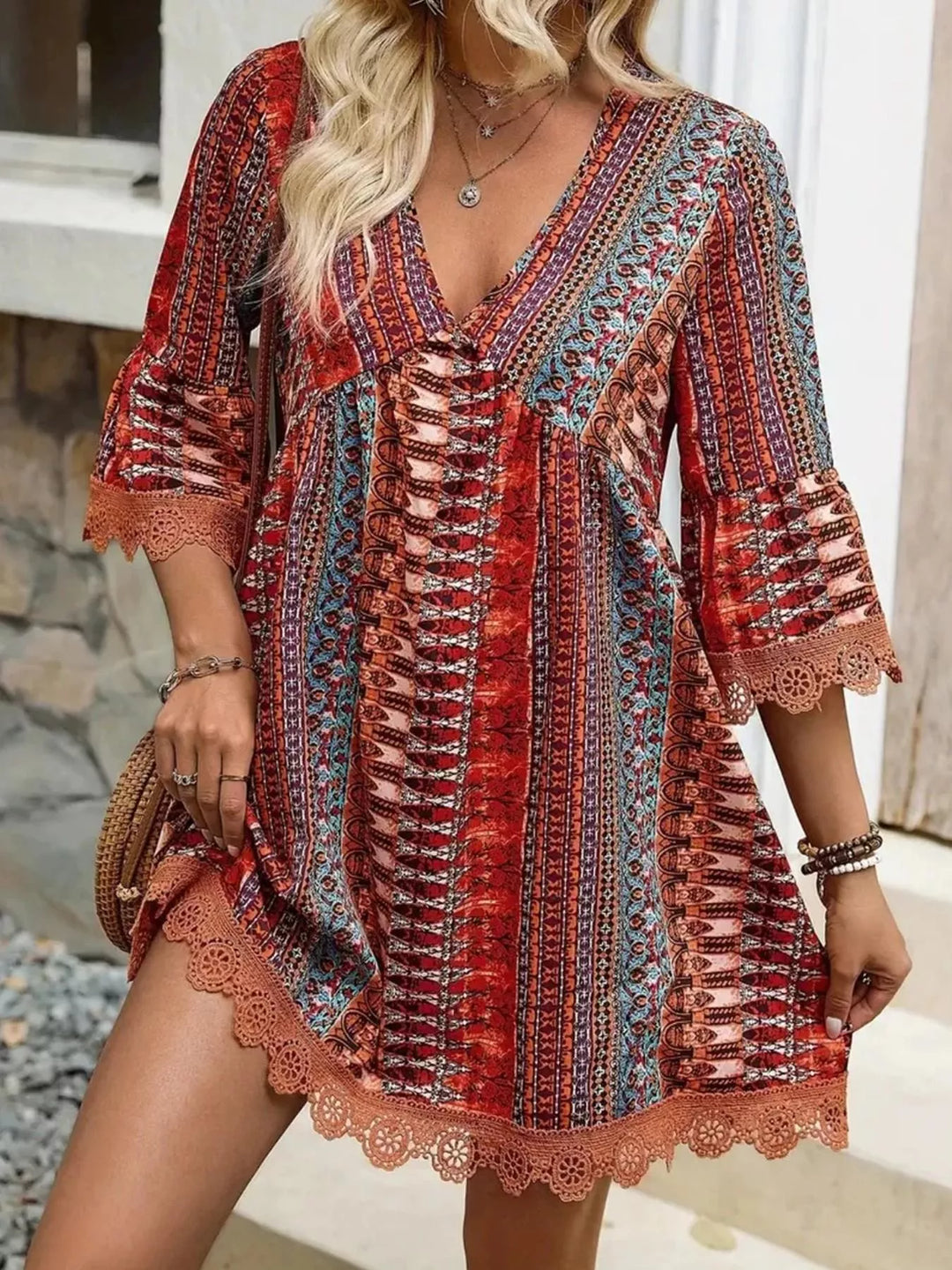 Printed V - Neck A - Line Dress - Nikki &amp; Co. Boutique