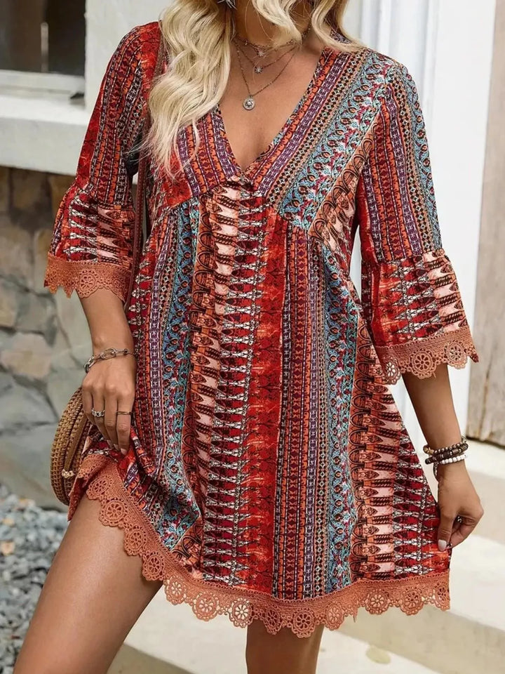 Printed V - Neck A - Line Dress - Nikki &amp; Co. Boutique