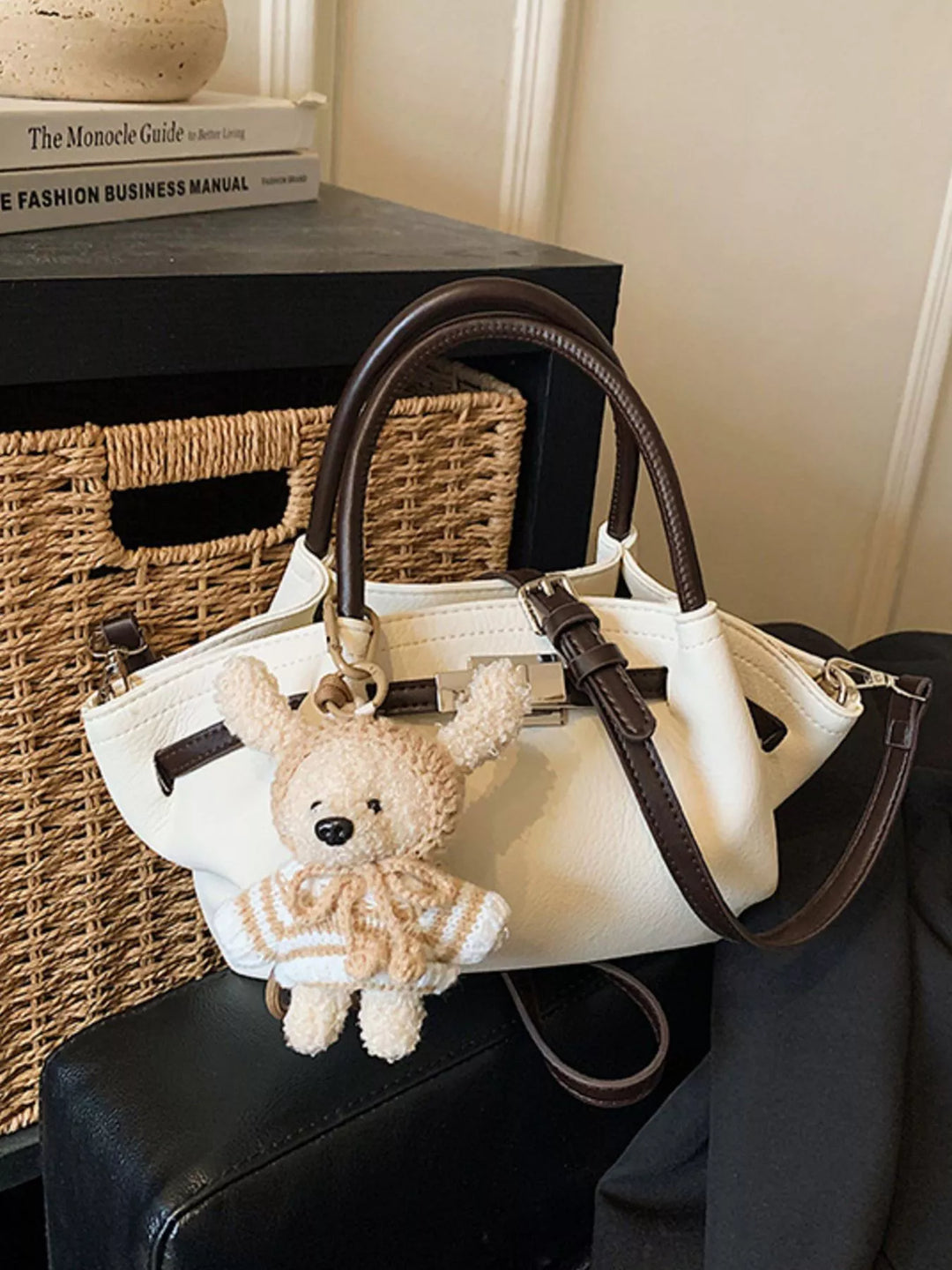 Buckle Decor Crossbody Bag with Bear Charm in Ivory - Nikki &amp; Co. Boutique