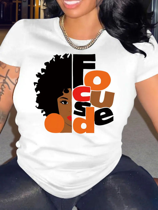 Women's Focused Graphic Print T-Shirt - Empowering Silhouette & Bold Lettering