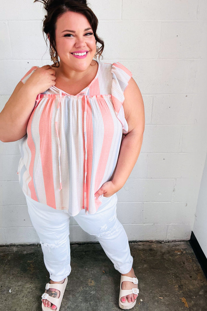 Coral &amp; Light Blue Stripe Waffle Tie Neck Tops | Nikki &amp; Co. Boutique