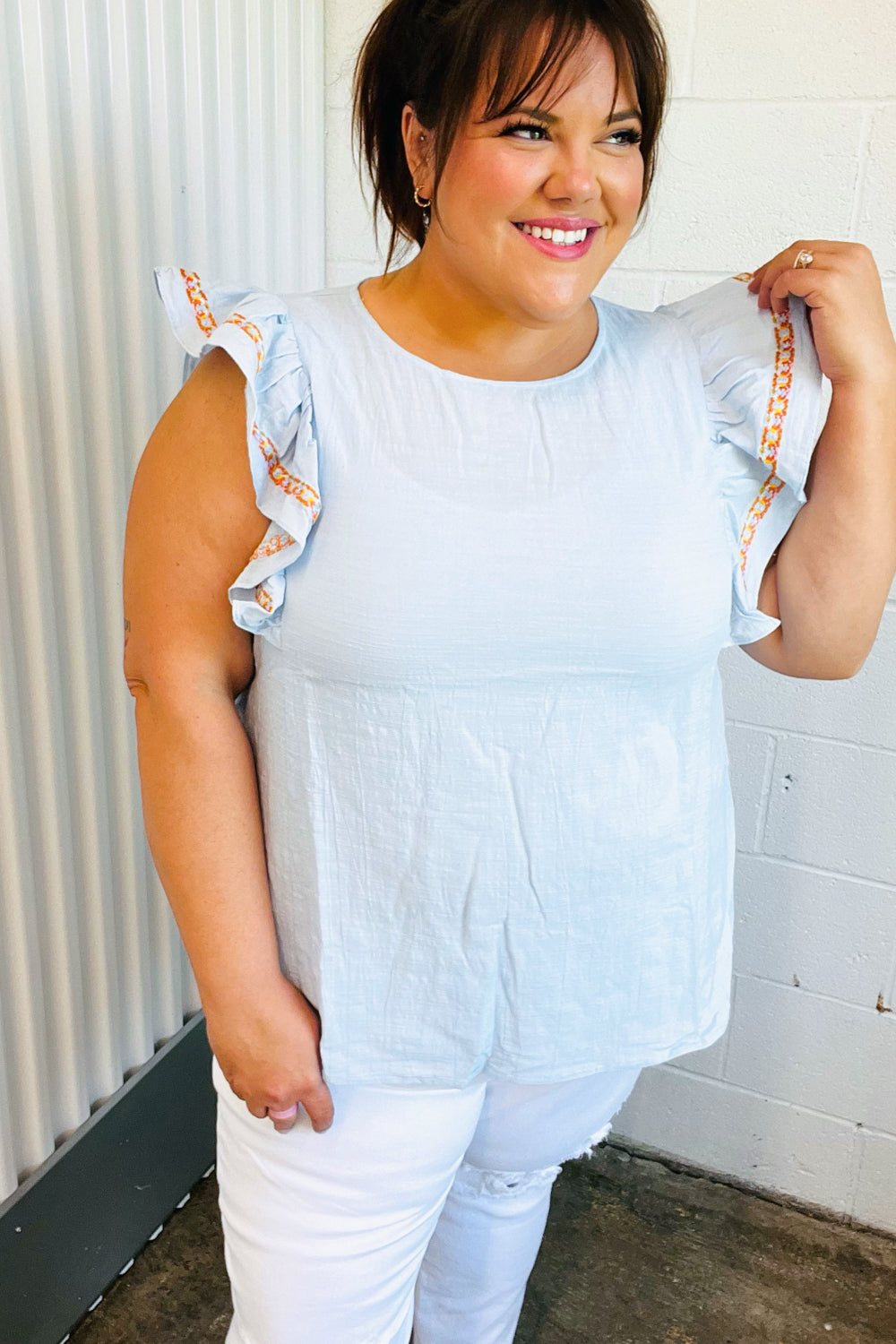Chambray Embroidered Flutter Sleeve Tops | Nikki &amp; Co. Boutique