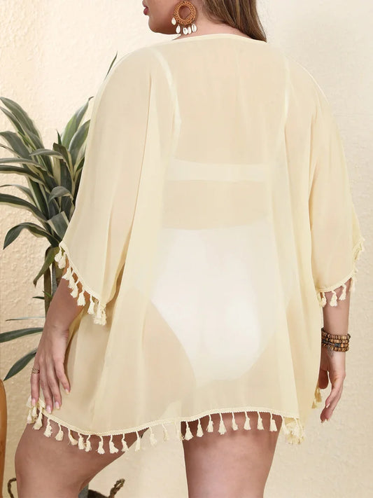 GIBSIE Plus Size Women's Chiffon Shirt Solid Color Fringed Bikini Cover Up Women Vacation Beach Cardigan Top Tunic Swimwear