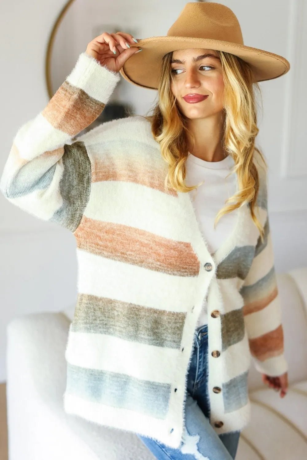 Haptics Full Size Button Down Stripe Soft Fuzzy Sweater Cardigan - Nikki &amp; Co. Boutique