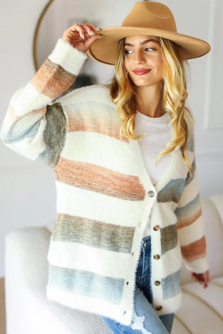 Haptics Full Size Button Down Stripe Soft Fuzzy Sweater Cardigan - Nikki &amp; Co. Boutique