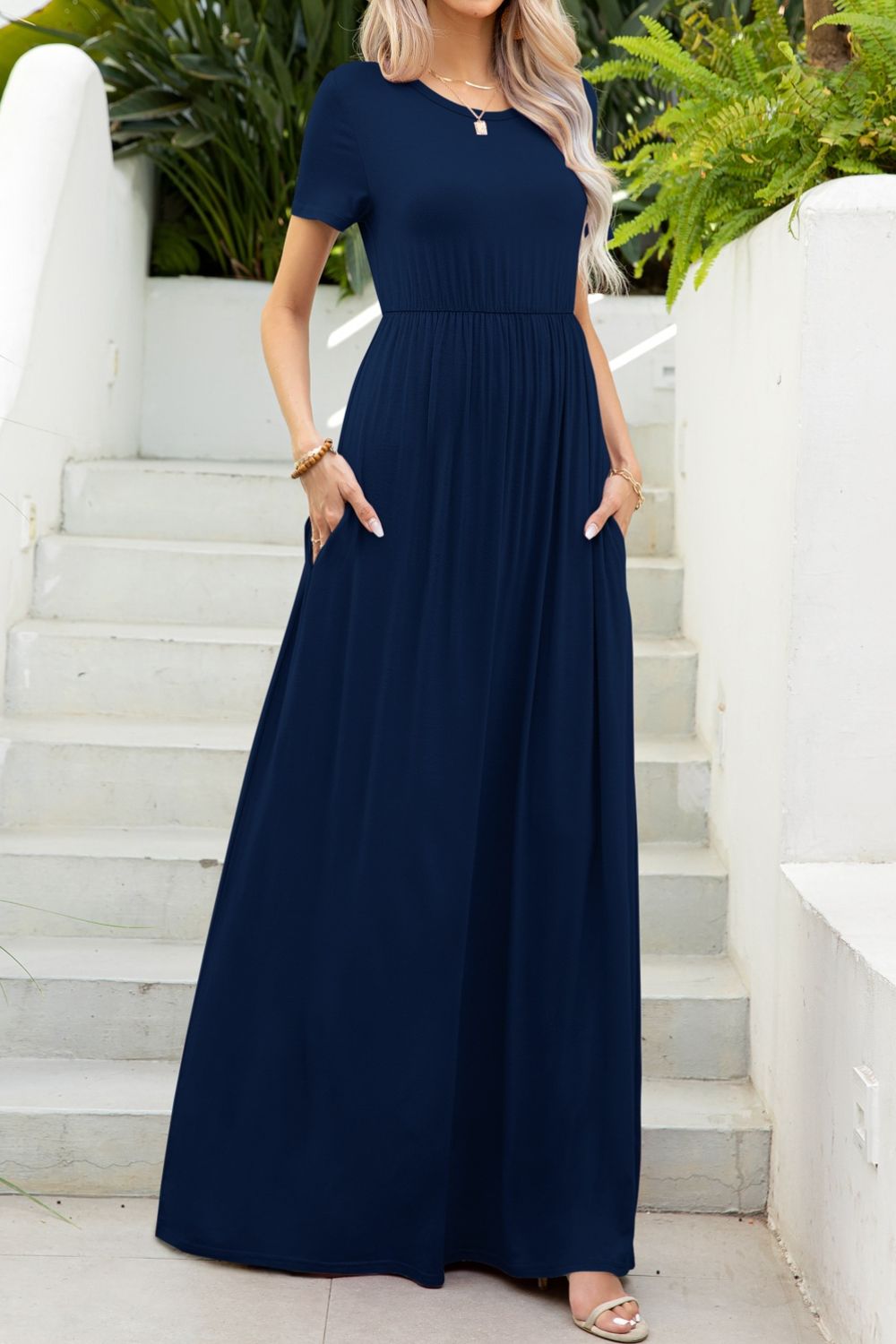 Round Neck Maxi Tee Dress with Pockets - Nikki and Co Boutique