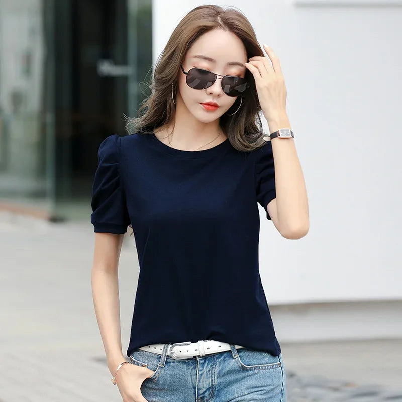 Plus Size Puff Sleeve Basic T-shirt Women Loose Short Sleeve Knitted Shirts Female Solid Tees Ladies Summer Tops Harajuku New