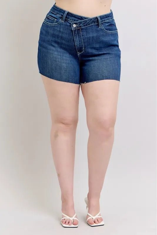 Judy Blue Full Size High Waist Criss - Cross Waistband Denim Shorts in Dark Wash - Nikki &amp; Co. Boutique