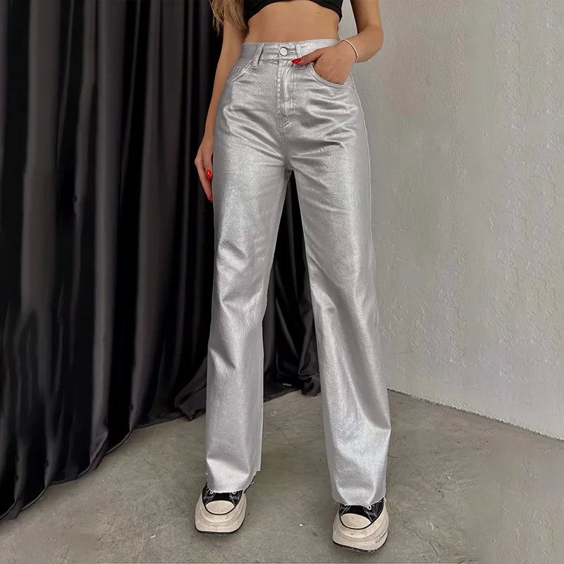 Women's Shiny Metallic Holographic Straight Wide-Leg Long Pants Spring Gold Silver Trousers Clubwear with Pockets