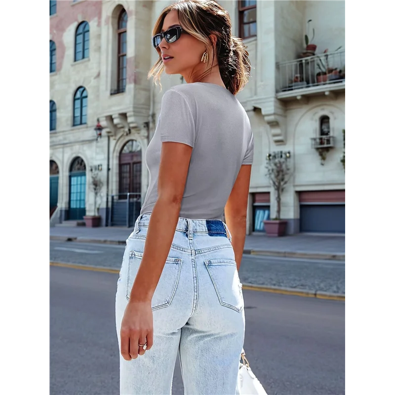 ASDS-Women Short Sleeve Lace V Neck Shirts Ribbed Knit Fitted Business Dressy Casual Summer Blouses T-Shirt