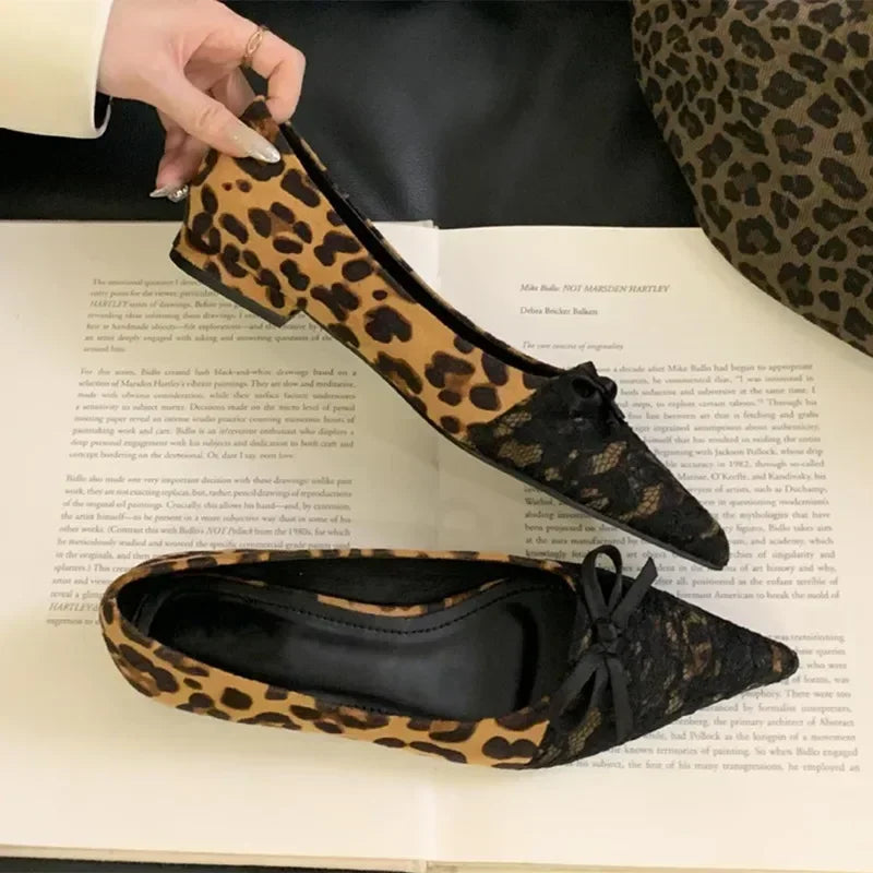 Leopard Print Pointed Toe Lace Bow Mules Shoes Fashion Sexy Elegant Office Women Shoes Autumn Suede Shallow Flat Shoes for Women