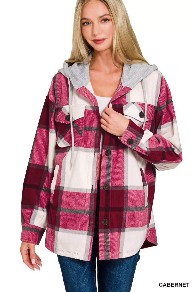 Zenana Plaid Hooded Fleece Shacket | Cabernet - Nikki &amp; Co. Boutique