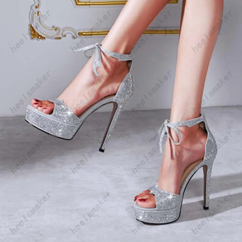 Sukeia Women Summer Sandals Ankle Strap Rhinestone Open Toe Fabulous Black Silver Party Shoes Ladies Plus US Size 3-9