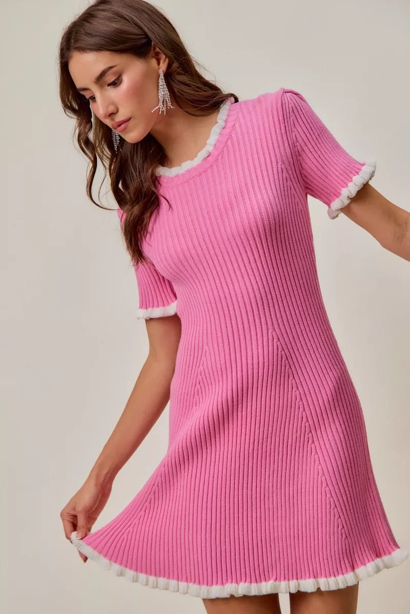 SO ME Contrast Ruffled Sweater Knit Mini Dress in Pink &amp; White - Nikki &amp; Co. Boutique