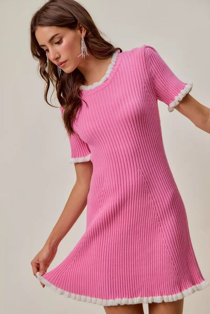 SO ME Contrast Ruffled Sweater Knit Mini Dress in Pink &amp; White - Nikki &amp; Co. Boutique