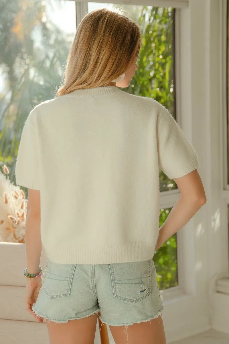 BiBi Teddy Bear With Bow Patched Sweater Button Down Top - Nikki &amp; Co. Boutique