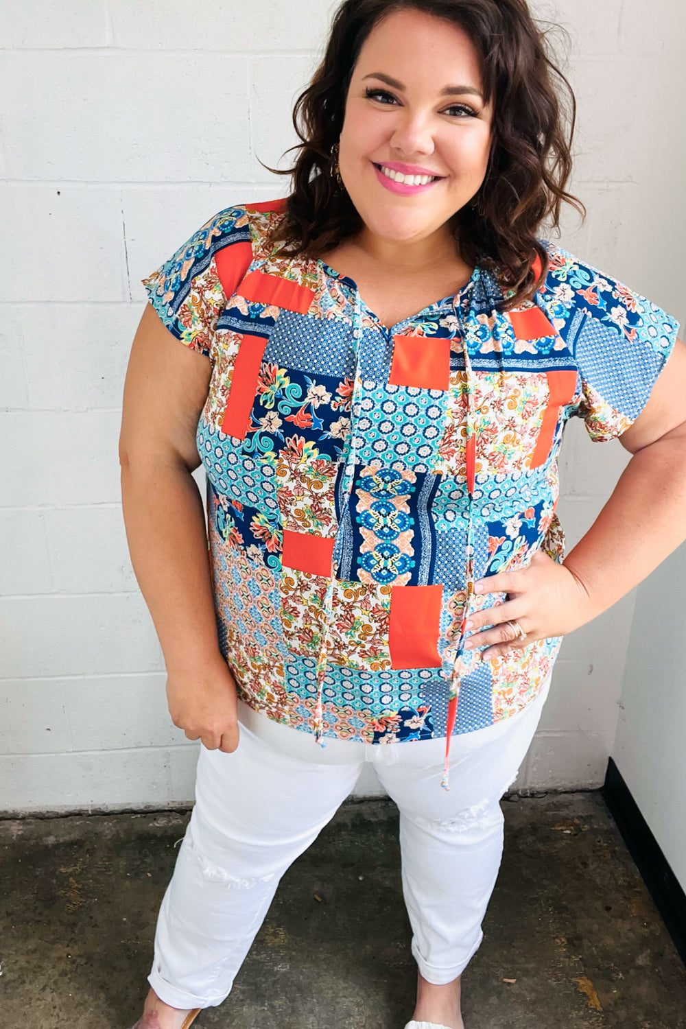 Blue &amp; Orange Boho Patchwork Raglan Tops | Nikki &amp; Co. Boutique