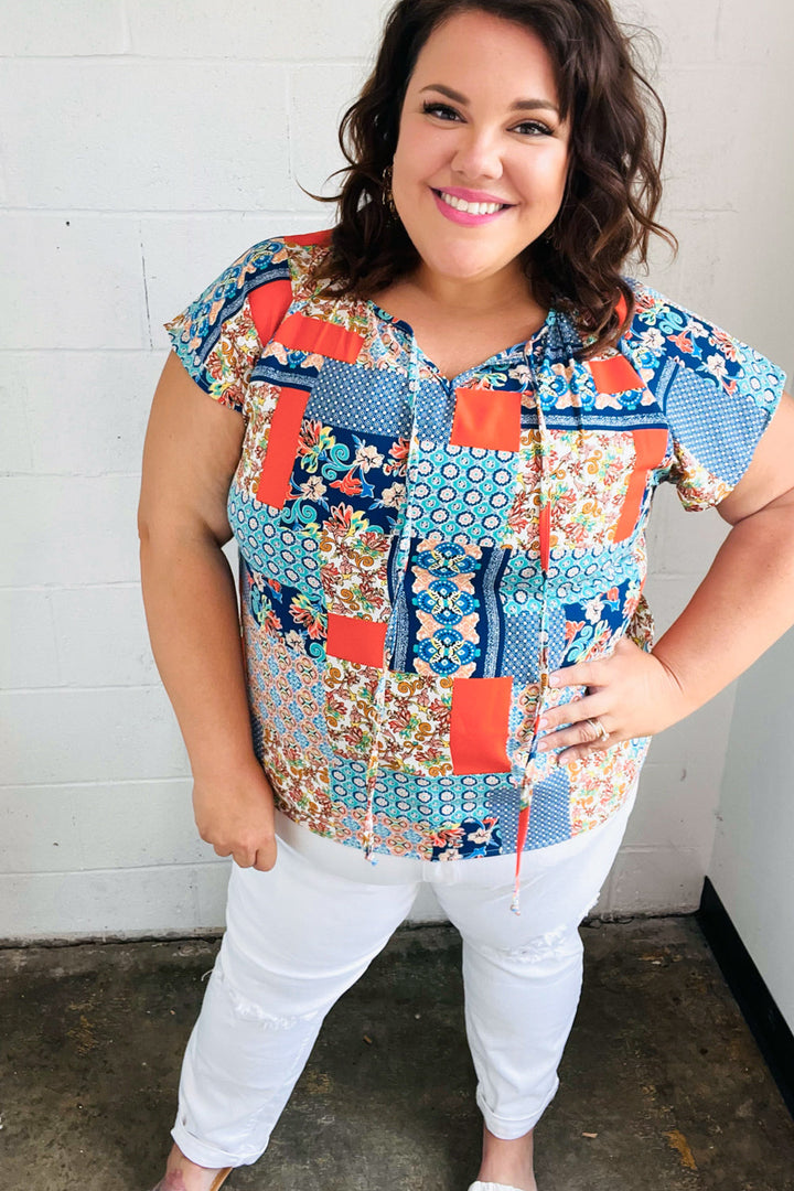 Blue &amp; Orange Boho Patchwork Raglan Tops | Nikki &amp; Co. Boutique