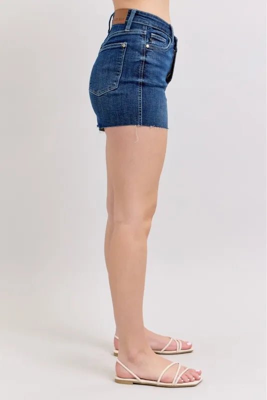 Judy Blue Full Size High Waist Criss - Cross Waistband Denim Shorts in Dark Wash - Nikki &amp; Co. Boutique