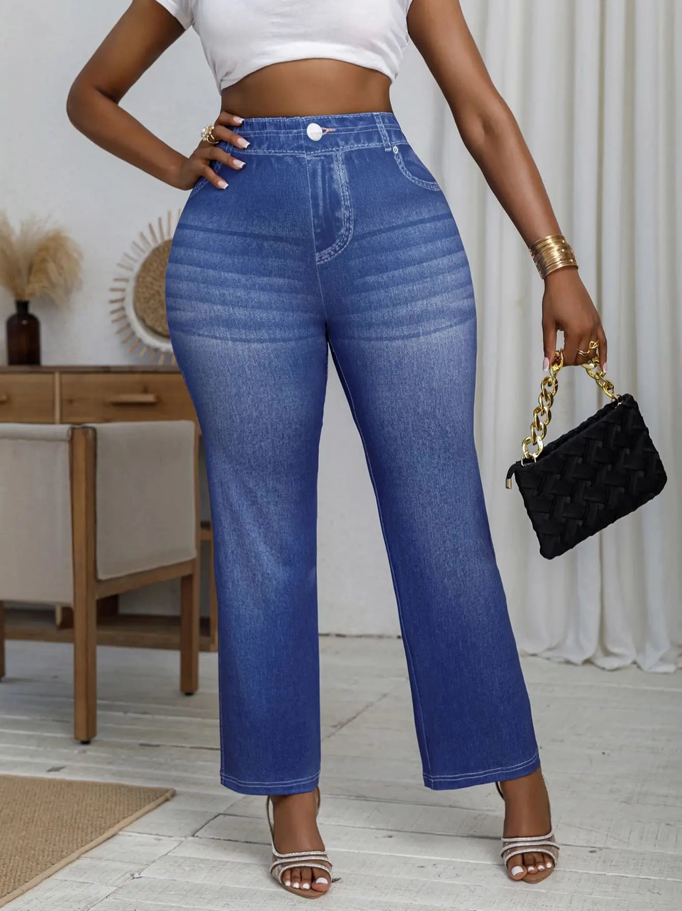 Plus Size Women's Pants Loose Imitation Jeans Printed Wide Leg Trousers High Elastic Casual Bottoms Vintage Female Clothing