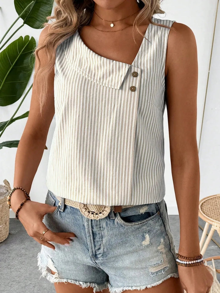 Decorative Button Asymmetrical Striped Tank - Nikki &amp; Co. Boutique