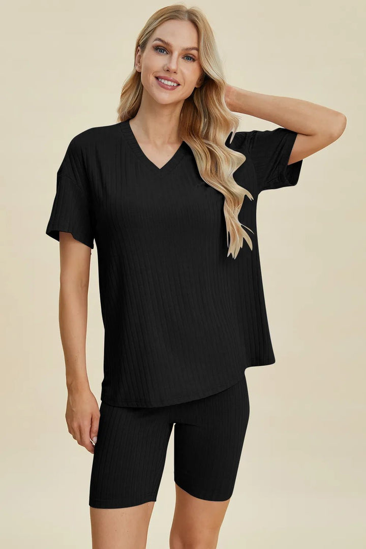 Basic Bae Full Size Ribbed V-Neck Shorts Sleeve Tops and Shorts Sets | Nikki &amp; Co. Boutique