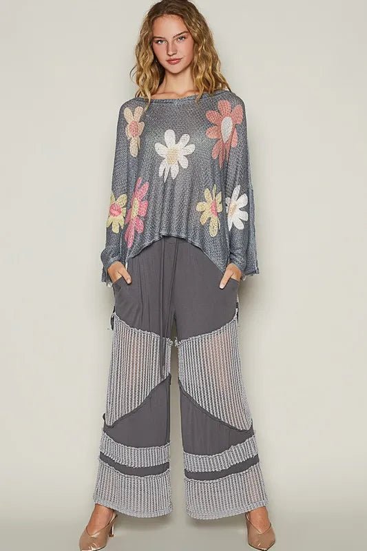 POL Flower Dropped Shoulder Long Sleeve Knit Top - Nikki &amp; Co. Boutique