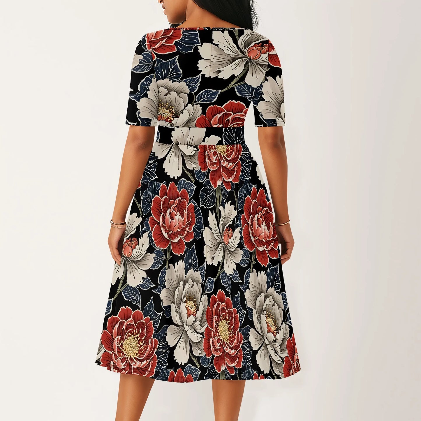Women's Boatneck Vintage Cocktail Party Dress with Puff Sleeves