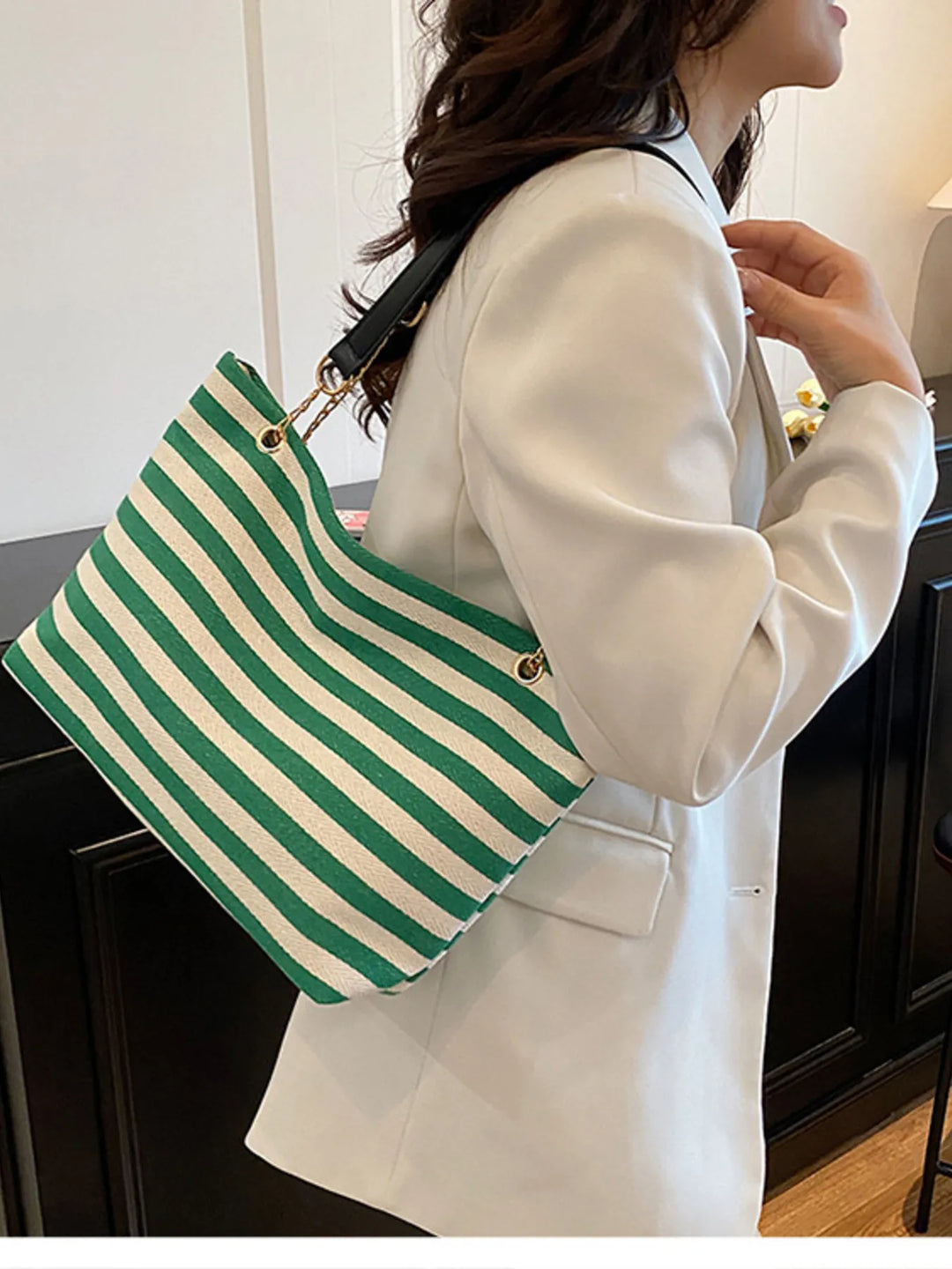 Striped Shoulder Bag with Chain Detail - Nikki &amp; Co. Boutique