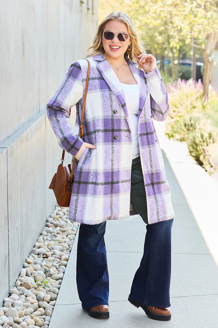 Double Take Full Size Plaid Button Up Lapel Collar Coat - Nikki &amp; Co. Boutique
