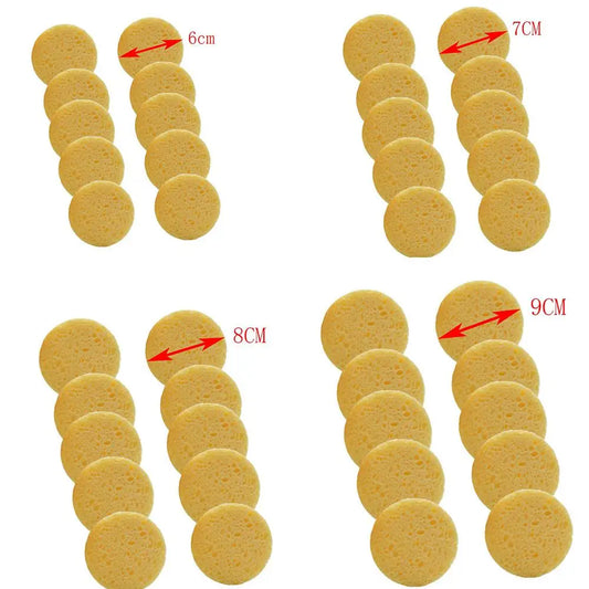 10 pcs 6-9cm Yellow Face Round Makeup Remover Tool, Wood Sponge Cellulose Cosmetic Puff, Cleansing Sponge, Facial Washing Sponge