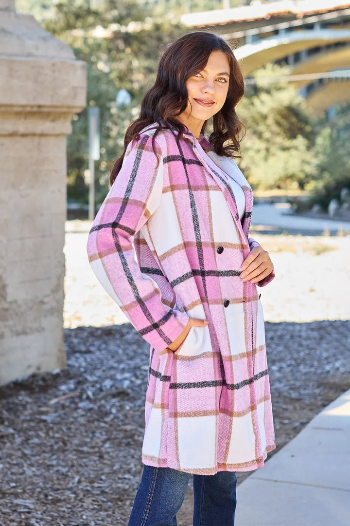 Double Take Full Size Plaid Button Up Lapel Collar Coat - Nikki &amp; Co. Boutique