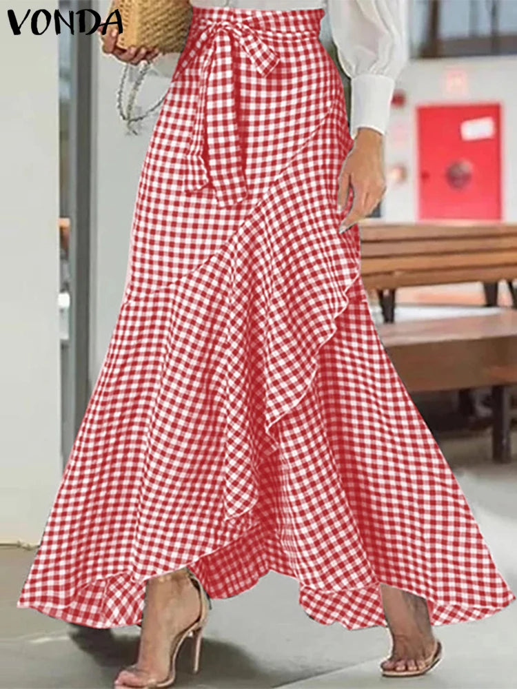 Plus Size 5XL VONDA Women Skirts Casual Waistband Split Asymmetric Skirts Elegant Plaid Overskirts Ruffled Office Bottom
